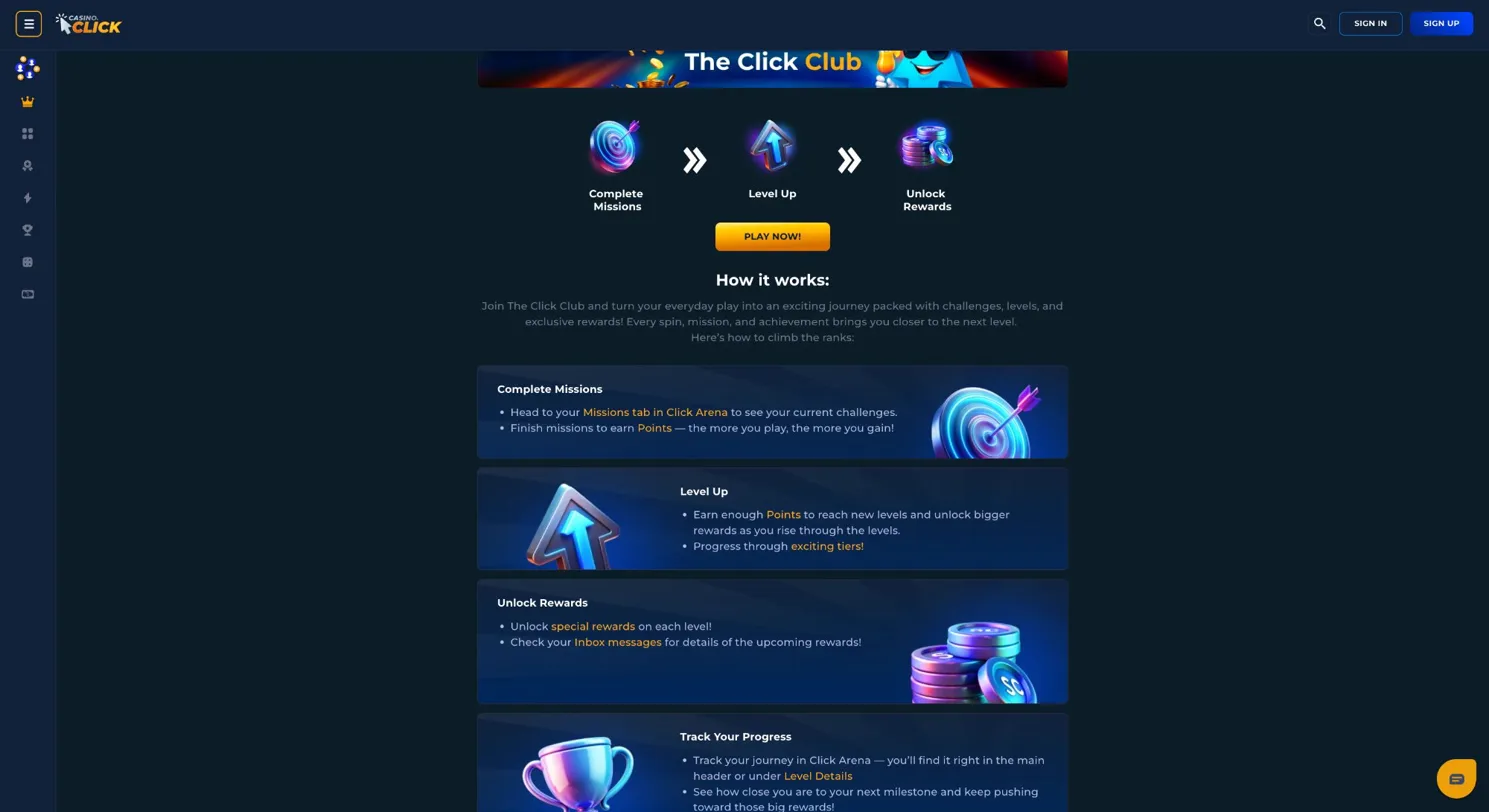 Casino Click Alabama Click Club — missions levels and rewards for Alabama social casino players